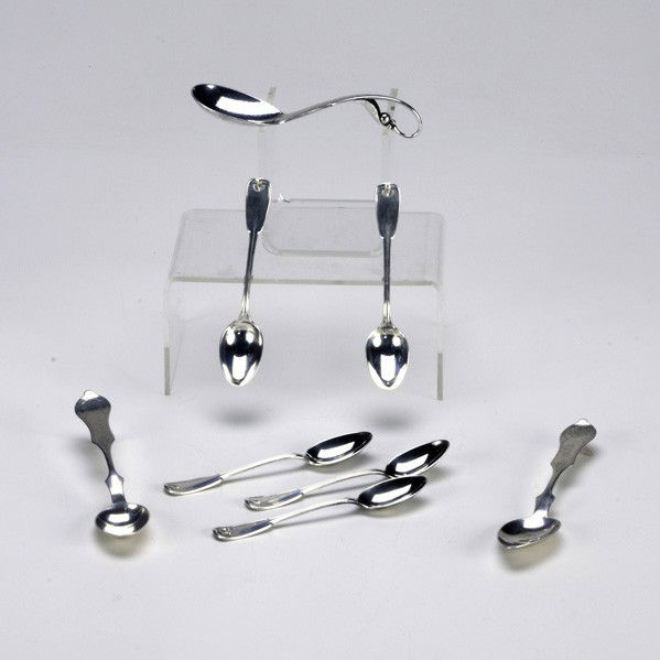 GEORG JENSEN, TIFFANY & CO., ETC.: GEORG JENSEN, TIFFANY & CO., ETC.; Eight pieces: (5) Tiffany & Co. ''Shell and Thread'' pattern sterling demitasse spoons, Georg Jensen ''Blossom'' sterling sugar spoon, (2) Duhme & Co. bright cut coi