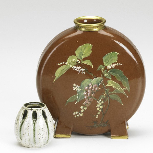 MARTIN BROS. / MINTON: MARTIN BROS.; MINTON; Two pieces: Martin Bros. buttressed salt-glazed cabinet vase and Minton's pillow vase decorated with a blue bird; Each marked, Minton's artist signed; Martin Bros: 2 1/4''