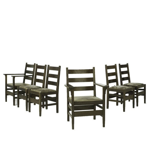 GUSTAV STICKLEY: GUSTAV STICKLEY; Six ladderback dining chairs, two arm and four side with drop-in leather seats; Unmarked; 36'' x 25'' x 23''