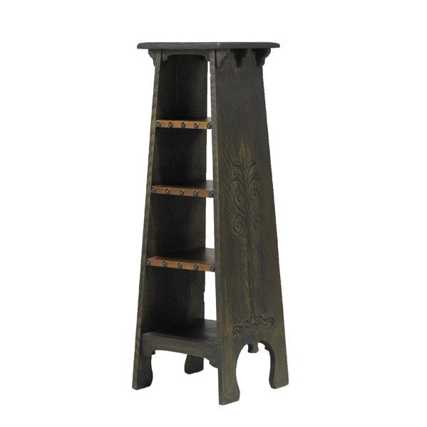 GUSTAV STICKLEY: GUSTAV STICKLEY; Tree of Life stand; Tacked-on leather over shelves; Unmarked; 43 1/4'' x 12 1/2'' x 12 3/4''