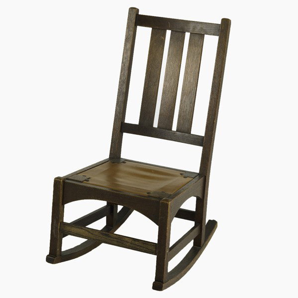 GUSTAV STICKLEY: GUSTAV STICKLEY; Sewing rocker three vertical back-slats and tacked on leather seat, replaced front stretcher; 33 1/2'' x 16 1/2'' x 24''