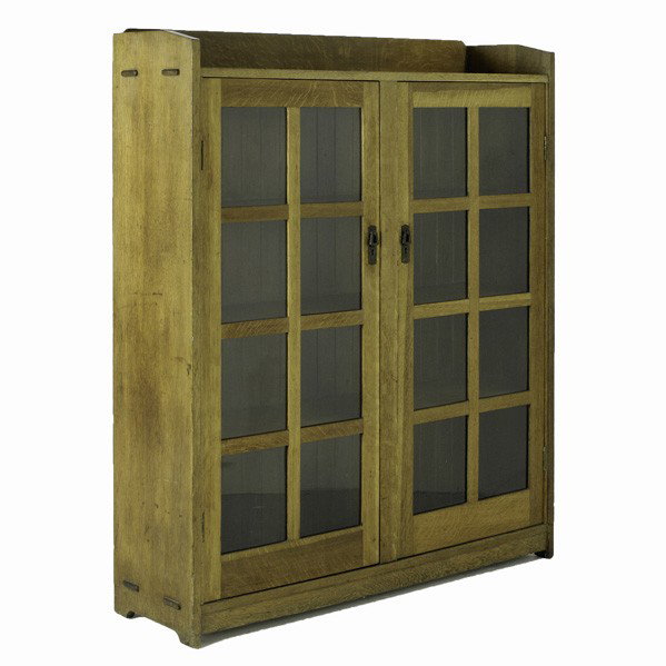 STICKLEY BROS.: STICKLEY BROS.; Two-door bookcase with gallery top and brass washed ring pulls; Unmarked; 56'' x 47 1/2'' x 13 1/2''