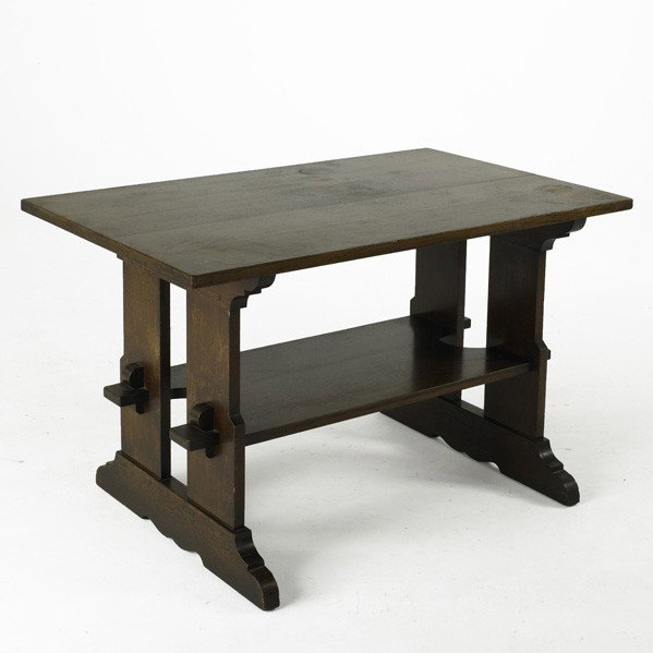 CHARLES STICKLEY: CHARLES STICKLEY; Trestle library table corner sawn oak; Remnant of label; 29'' x 48'' x 30''