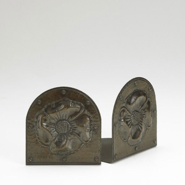 ROYCROFT: ROYCROFT; Copper bookends with florettes; Orb and Cross mark; 5 1/2'' x 5''