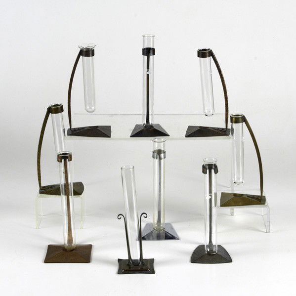 ROYCROFT: ROYCROFT; Nine bud vases, some brass washed, some polished all with original glass inserts; Most with Orb & Cross mark; Tallest: 8 1/4''