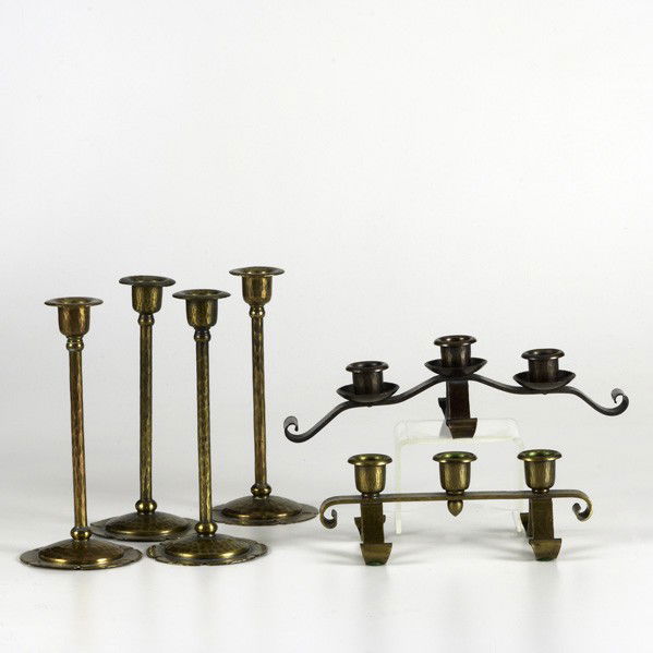 ROYCROFT: ROYCROFT; Two pairs and two triple patinated copper candlesticks; All with Orb & Cross mark; Tallest: 8''