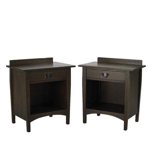 CONTEMPORARY STICKLEY: CONTEMPORARY STICKLEY; Pair of single drawer nightstands each with trapezoidal front legs and patinated metal pull; Branded mark and metal tag; Each: 29 1/2'' x 26'' x 17''