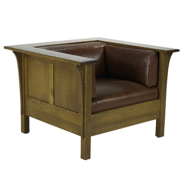 CONTEMPORARY STICKLEY: CONTEMPORARY STICKLEY; Prairie armchair with long corbels, paneled back and sides, leather cushions; Branded mark; 27'' x 39'' x 36''