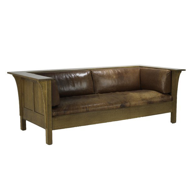CONTEMPORARY STICKLEY: CONTEMPORARY STICKLEY; Prairie settle with long corbels, paneled back and sides, leather cushions; Branded mark and metal tag; 29'' x 84 1/2'' x 37 1/2''