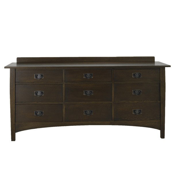 CONTEMPORARY STICKLEY: CONTEMPORARY STICKLEY; Nine drawer dresser with patinated metal pulls a Harvey Ellis-designed sideboard; Branded mark and metal tag; 34 1/2'' x 66'' x 20''