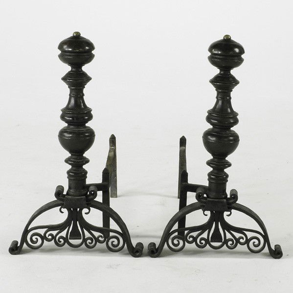ANDIRONS: ANDIRONS; Pair in brass, bronze and wrought-iron; Unmarked; Each 26'' x 14'' x 26''