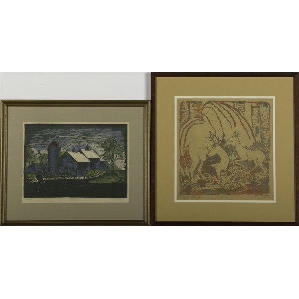 ARTS & CRAFTS BLOCK PRINTS: ARTS & CRAFTS BLOCK PRINTS; Two pieces: Charlotte E. Metcalf '' Autumn'' and Eva A. Watson '' A Decoration''; Both pencil signed, #11/16; Larger frame: 18 1/2'' x 17 7/8''