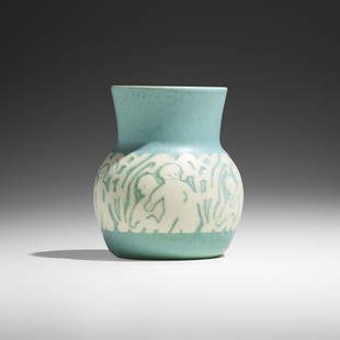 Overbeck Pottery, Cabinet vase: Elizabeth and Hannah Overbeck for Overbeck Pottery Cabinet vase USA, c. 1920glazed earthenware 3.75 h × 3.25 dia in (10 × 8 cm) Incised signature to underside 'OBK E H'.