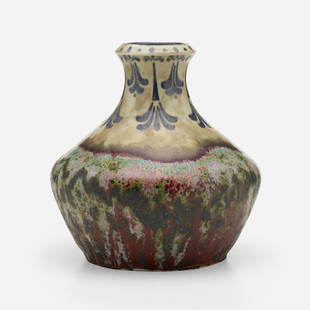 Fernand Rumebe, Large vase: Fernand Rumebe Large vase with stylized floral garland France, c. 1915oxblood-glazed stoneware 13.25 h × 12.75 dia in (34 × 32 cm) Glazed signature and number to underside 'F. Rume