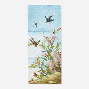 Theodore Deck, Three-tile frieze: Theodore Deck Three-tile frieze with lilies, birds, and butterfly c. 1880glazed porcelain 37.5 h × 16 w × 1 d in (95 × 41 × 3 cm) Glazed signature to lower right 'TH. D