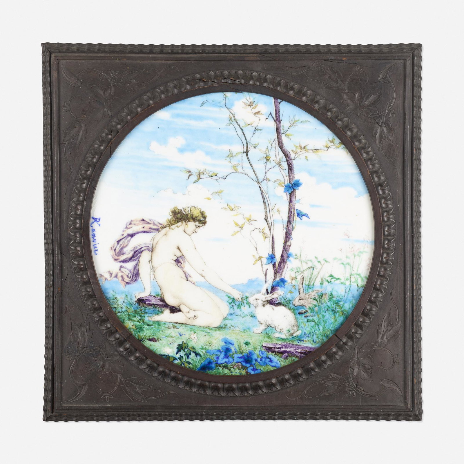 Theodore Deck, Exhibition plaque: Joseph-Victor Ranvier for Theodore Deck Exhibition plaque France, 1867glazed porcelain, original Aesthetic Movement frame 12.25 dia in (31 cm) Glazed signature and date to verso 'TH Deck 1867'