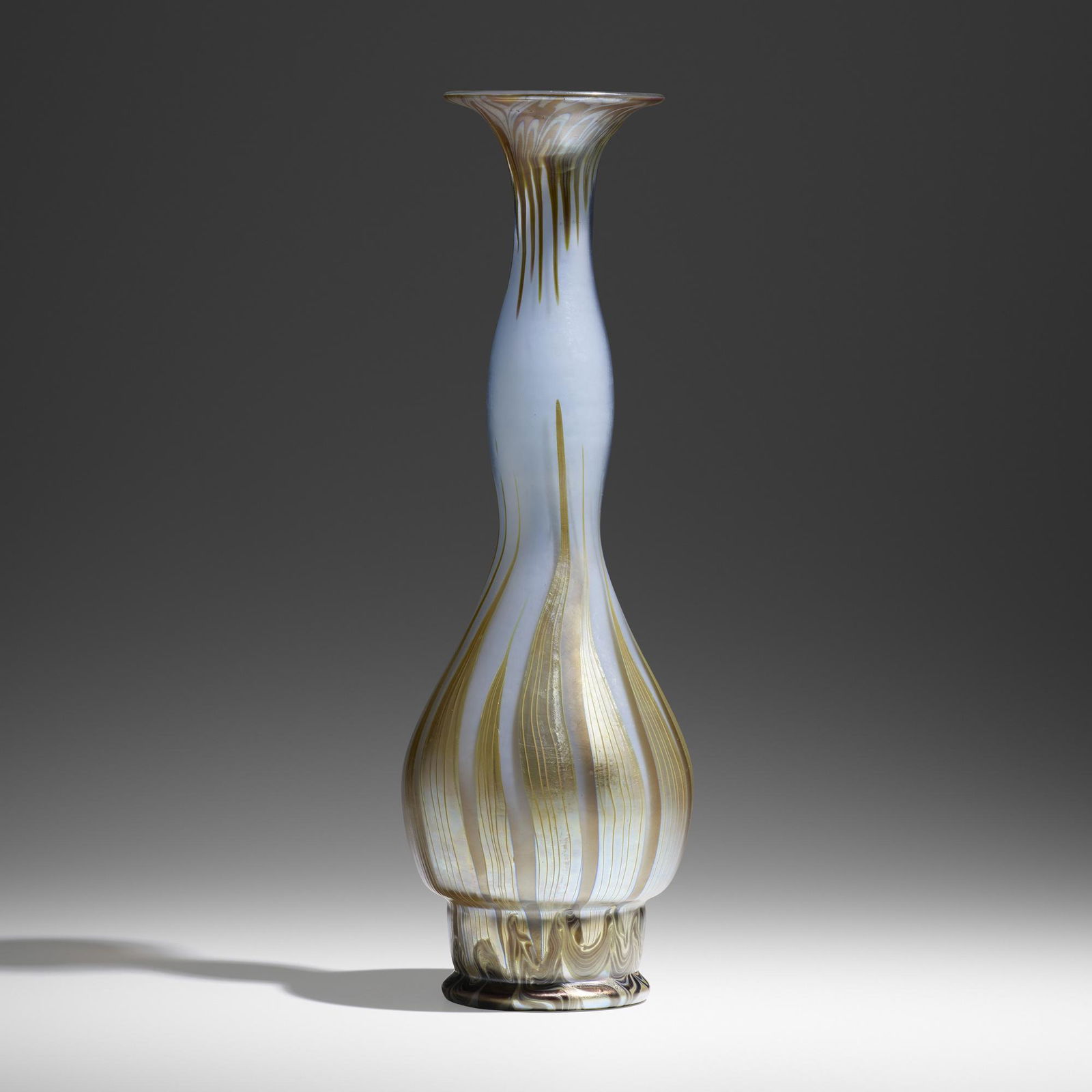 Franz Hofstotter for Loetz, Rare Phanomen vase: Franz Hofstotter for Loetz Rare Phanomen vase (Gre 388) Austria, 1900hand-blown glass 18 h × 5.75 dia in (46 × 15 cm) Hofstotter designed this form and decoration for the 1900 Pari