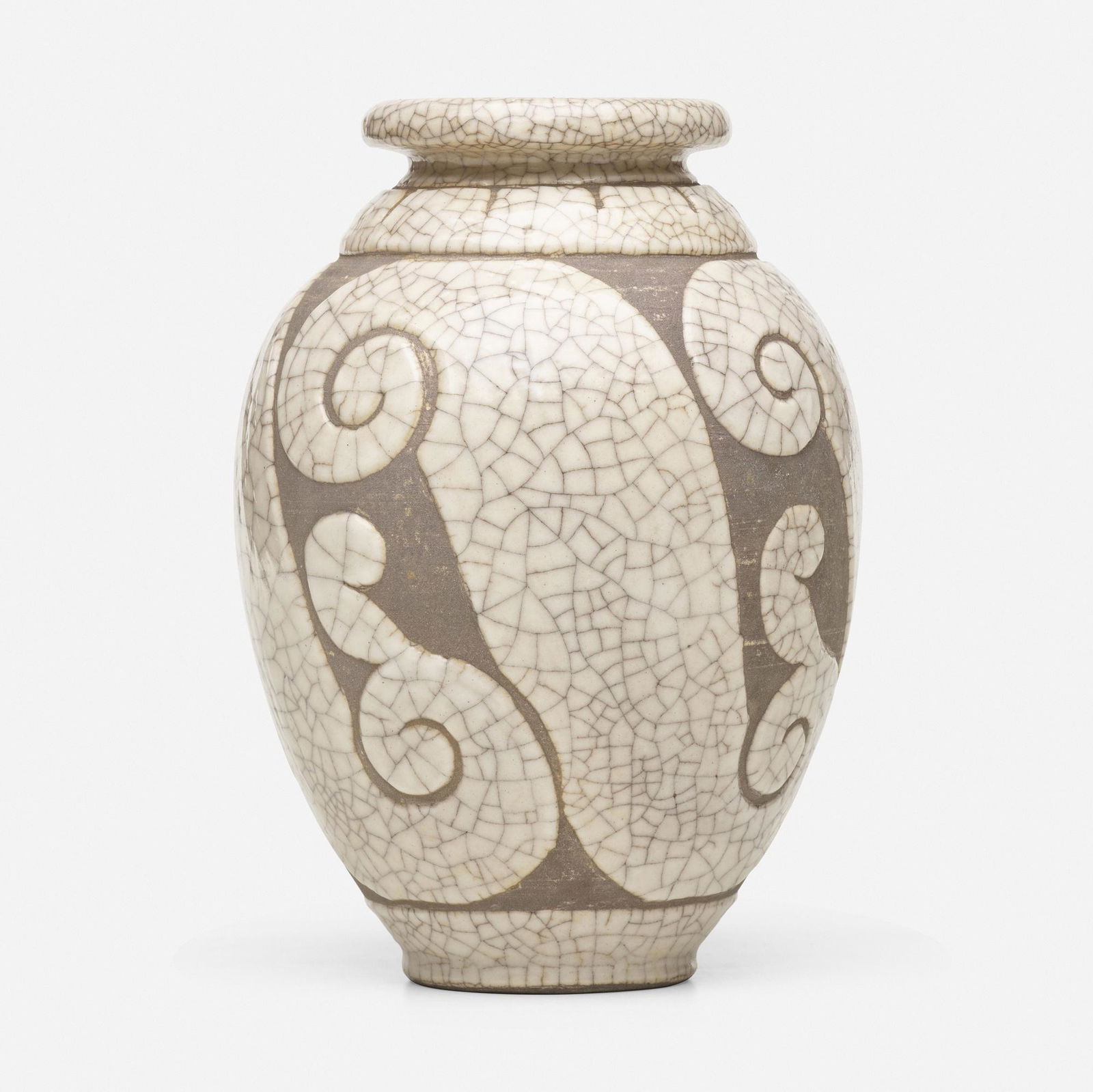 Rene Buthaud, Vase: Rene Buthaud Vase France, c. 1930peau-de-serpent (snakeskin)-glazed earthenware, wax-resist decoration 8.25 h × 5.75 dia in (21 × 15 cm) Buthaud was under contract with a Parisian