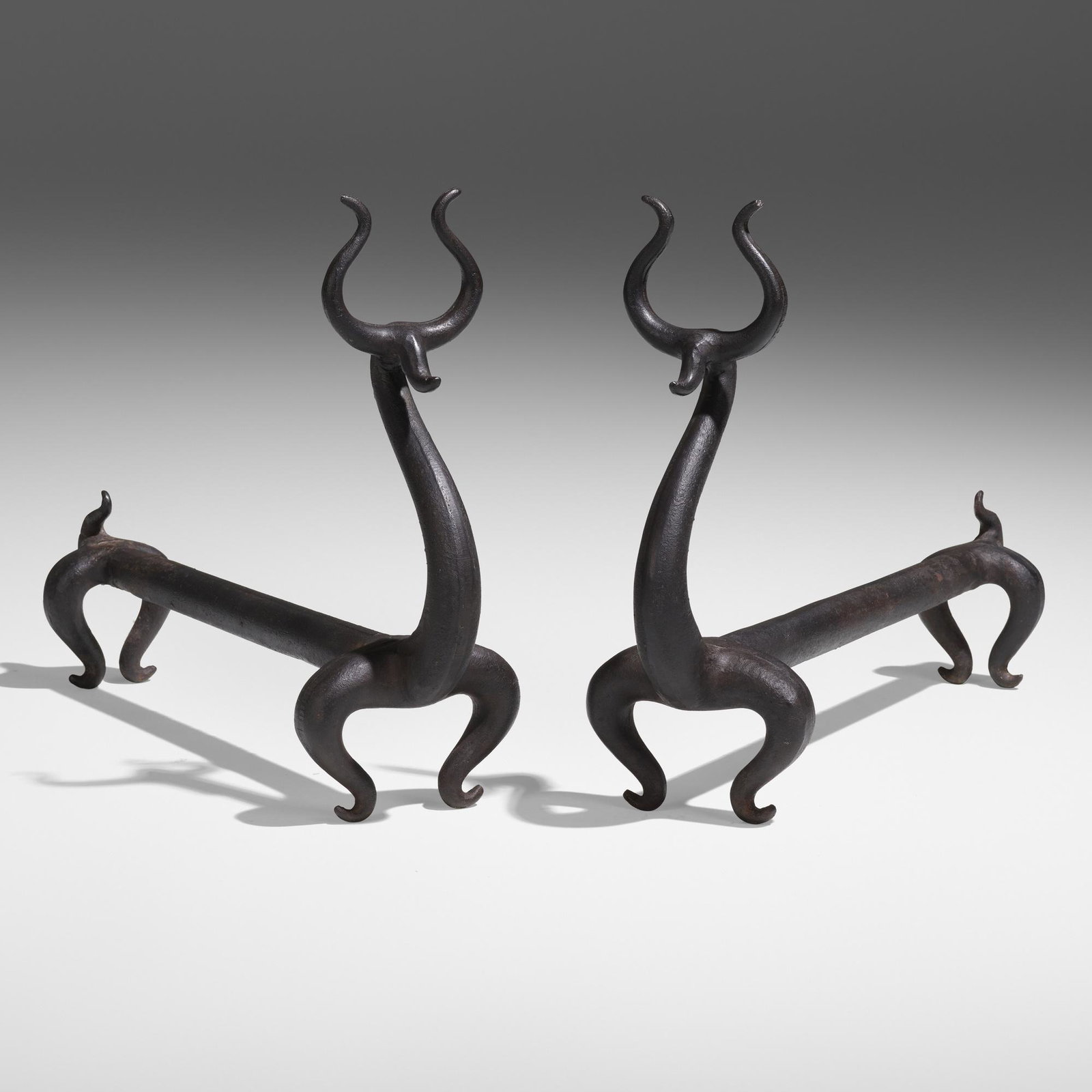 Russel Wright, Fire Deer andirons, pair: Russel Wright Fire Deer andirons, pair USA, c. 1930enameled cast iron 15.5 h × 6 w × 21.5 d in (39 × 15 × 55 cm) Raised manufacturer's mark to each example 'C Russel Wr