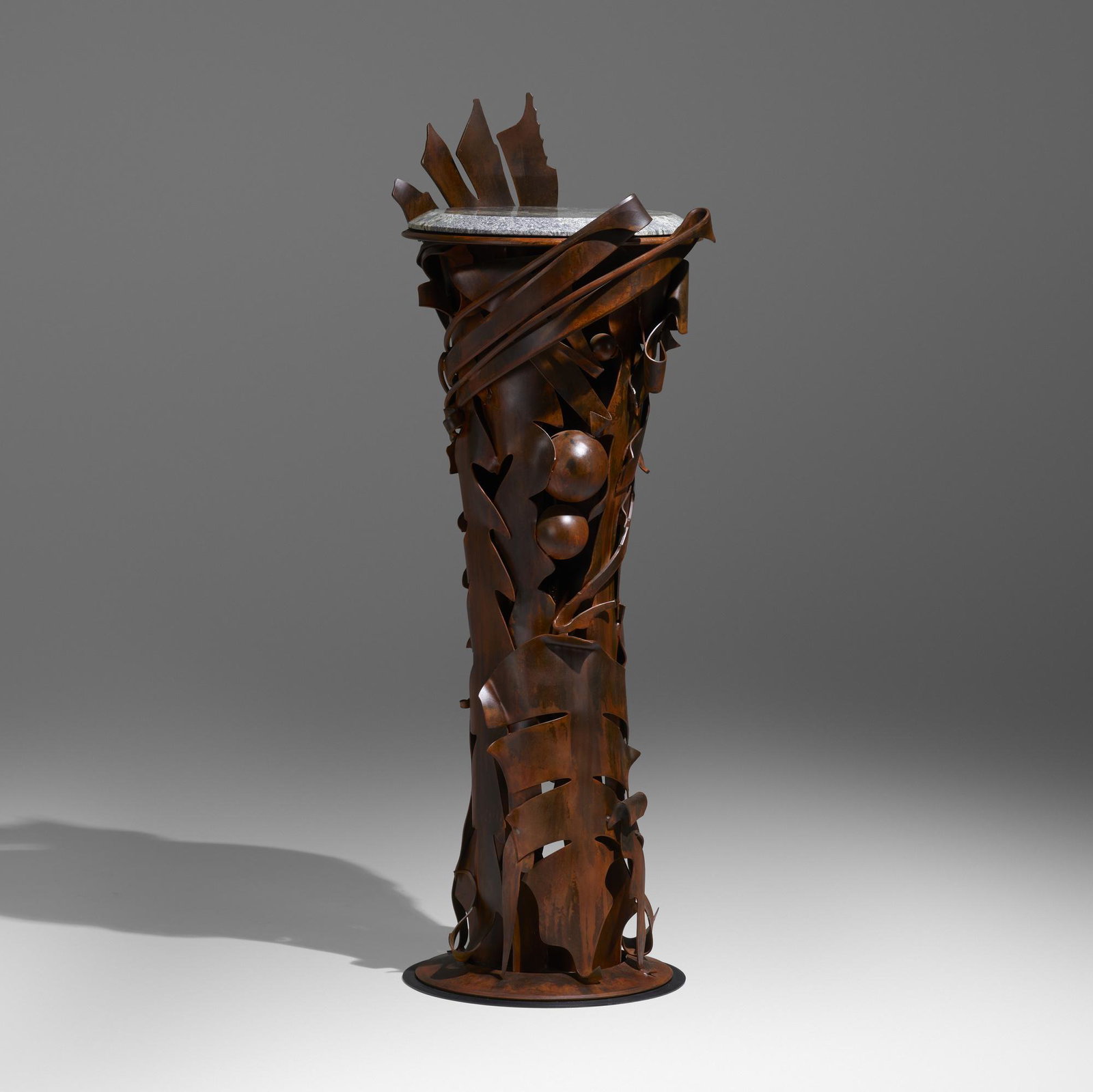 Albert Paley, Plant stand: Albert Paley Plant stand USA, 2019forged and fabricated steel with a natural patina, granite 64.5 h × 24 w × 21 d in (164 × 61 × 53 cm) Impressed signature, date and nu