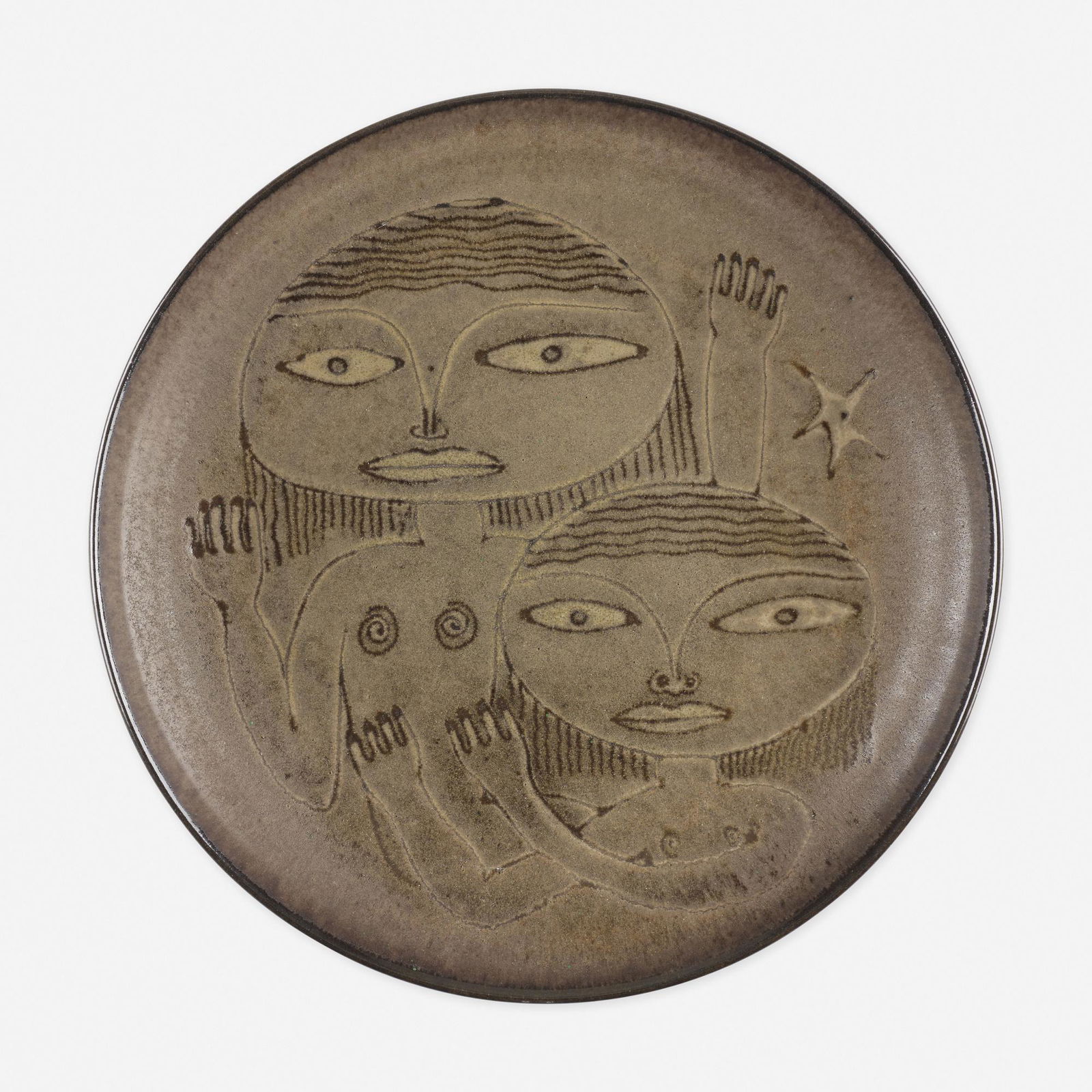 Edwin and Mary Scheier, Early plate: Edwin and Mary Scheier Early plate USA, c. 1951glazed stoneware 11 dia in (28 cm) Incised signature to underside 'Scheier' with inscription 'Dorothy & David June 24 1951 from Timmy & Joddy'.