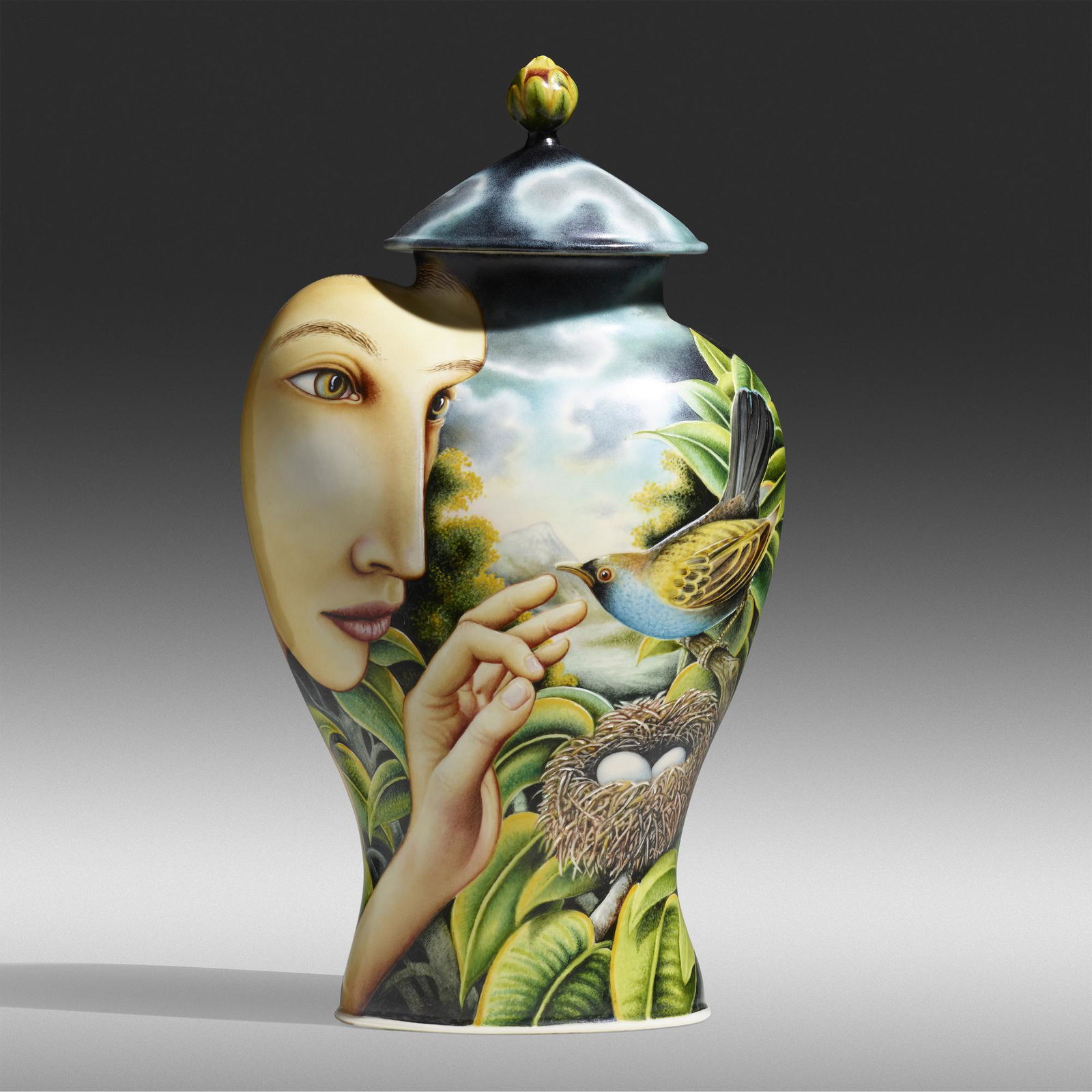 Kurt Weiser, Covered Jar with Bird's Nest: Kurt Weiser Covered Jar with Bird's Nest USA, 1993china-painted porcelain 19 h × 10.5 w × 7 d in (48 × 27 × 18 cm) Incised signature to underside and base 'Weiser'.