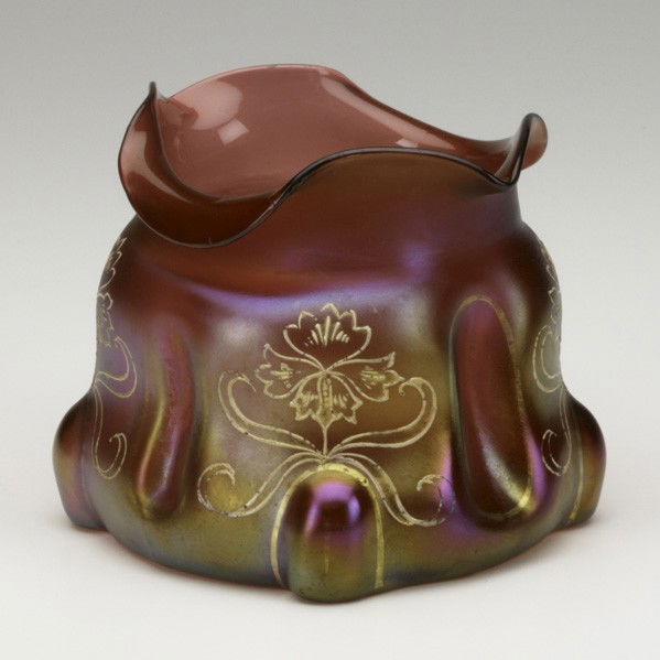 LOETZ: LOETZ; Cranberry luster art glass vase with applied gold floral decoration, 20th c.; Marked Loetz Austria; 5 1/2''