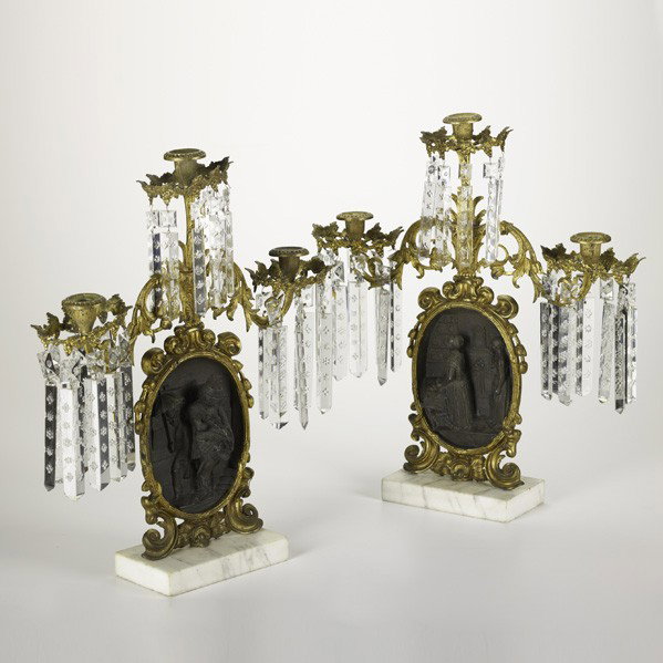 DORE BRONZE GIRANDOLES: DORE BRONZE GIRANDOLES; Each set with cast high relief plaques entitled ''Young Husband'' and ''Young Wife'', 19th c.; 19'' x 18''