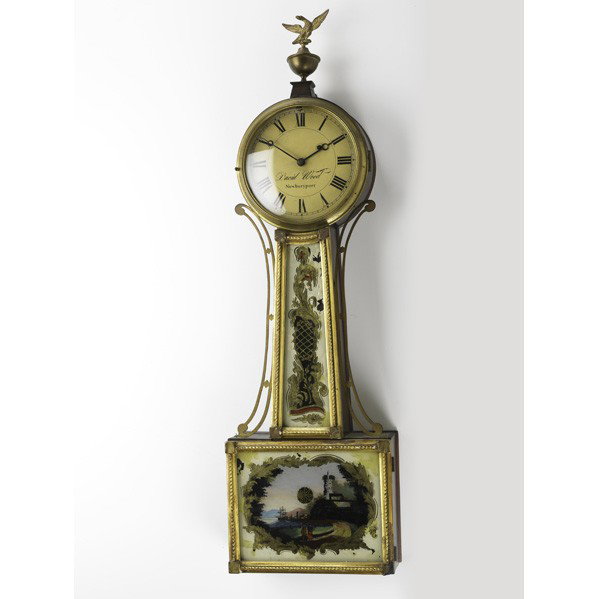 8 DAY BANJO CLOCK: 8-DAY BANJO CLOCK; Cherry case, weight driven, hand-decorated glass depicting a harbor scene and eagle finial, ca. 1835; Face marked David Wood Newburyport; 34''