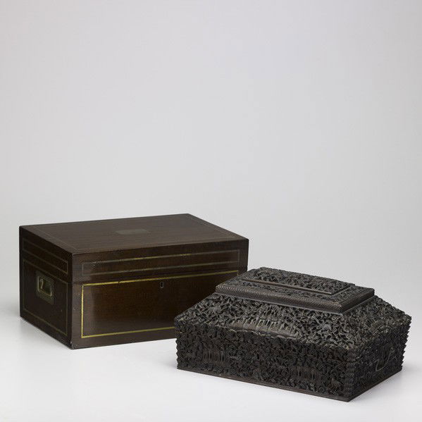 TWO DECORATIVE BOXES: TWO DECORATIVE BOXES; Heavily carved Middle Eastern jewlery box and a zinc-lined mahogany humidor, 19th/20th c.; Larger: 7'' x 14'' x 9 1/4''