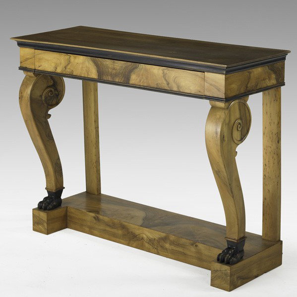 BIEDERMEIER CONSOLE TABLE: BIEDERMEIER CONSOLE TABLE; Exotic veneer, one drawer and claw feet, 19th c.; 36'' x 46'' x 17 1/4''