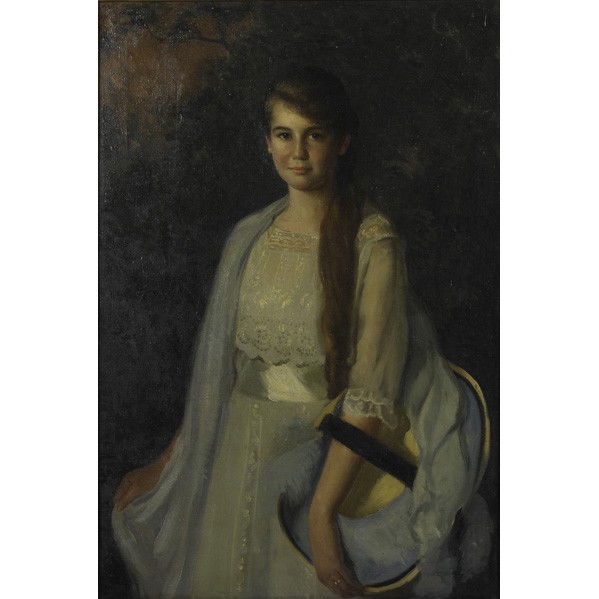 ARTHUR MERTON HAZARD (American, 1872-1930): ARTHUR MERTON HAZARD (American, 1872-1930); Oil on canvas, ''Girl with Leghorn Hat'' (framed); Signed and titled; 42'' x 29 1/2''