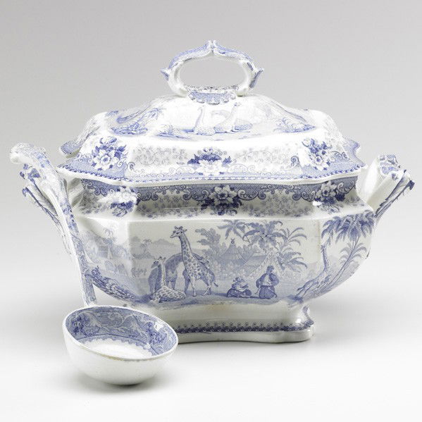JOHN RIDGWAY: JOHN RIDGWAY; Blue and white English transferware giraffe tureen with ladle, ca. 1840; Tureen: 10 1/2'' x 13 1/2'' x 9''