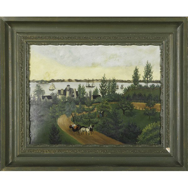 19TH C. AMERICAN NAIVE HISTORIC LANDSCAPE: 19TH C. AMERICAN NAIVE HISTORIC LANDSCAPE; Oil on board of Sunnyside, the home of Washington Irving, Tarrytown, NY, 1895 (framed); Signed M. M. Dix, '95; 18'' x 24''