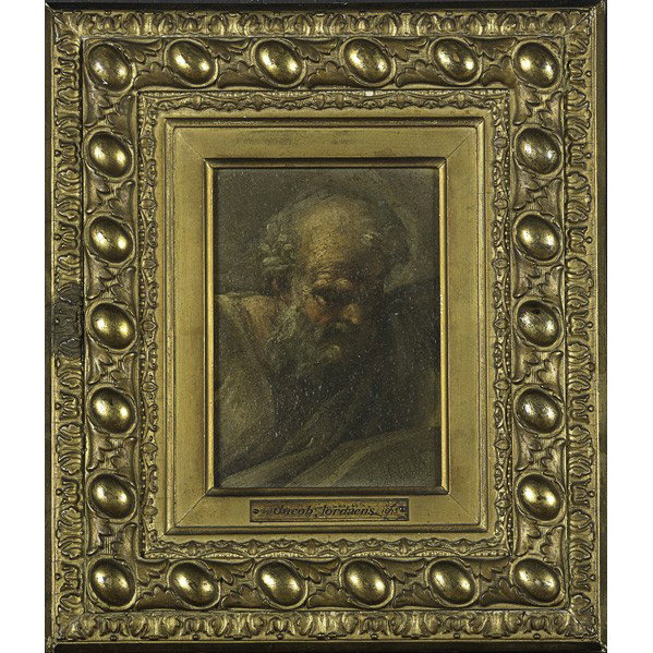 STYLE OF JACOB JORDAENS (Dutch, 1593-1678): STYLE OF JACOB JORDAENS (Dutch, 1593-1678); Oil on panel portrait of a Biblical figure (framed); 6 3/4'' x 5''