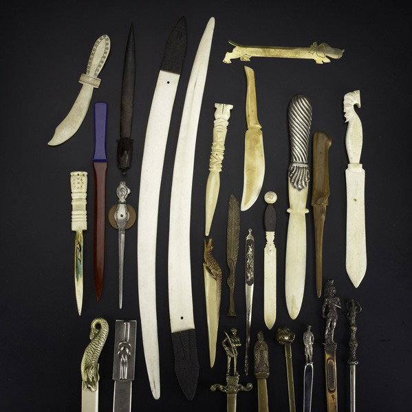 LETTER OPENERS AND PAGE TURNERS: LETTER OPENERS AND PAGE TURNERS; Approx. thirty-five pieces in ivory, bone or sterling, 19th/20th c.: Tiffany & Co. sterling figural opener, sterling mounted ivory page turner, etc.; Longest: 23''
