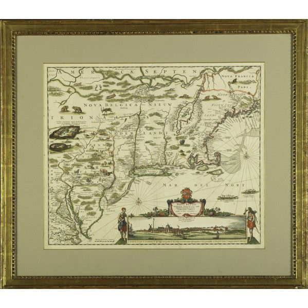 JUSTUS DANCKERTS (Dutch, 1635-1701): JUSTUS DANCKERTS (Dutch, 1635-1701); ''NOVI BELGII NOVAEQUE ANGLIAE NEC NON PENNSYLVANIAE ET PARTIS VIRGINAE TABULA''; Map of northeast North America, ca. 1684 (framed); 19'' x 22'' (sight) Artist: Da