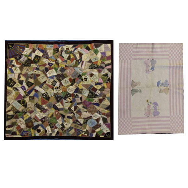 VICTORIAN CRAZY QUILT: VICTORIAN CRAZY QUILT; Satin back and border, dated 1895; Together with a sunbonnet baby crib quilt; Larger: 62'' x 62'' (quilt only)