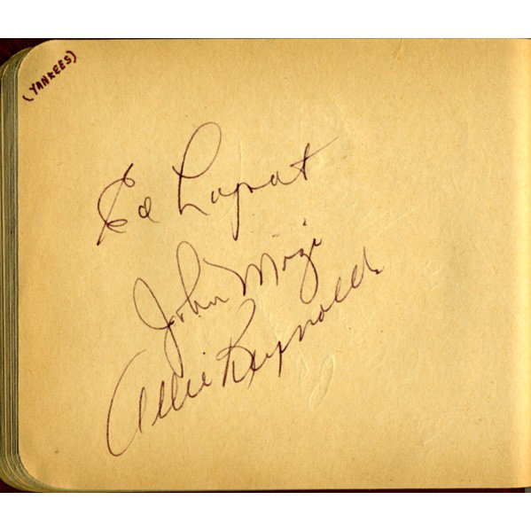 BASEBALL AUTOGRAPH ALBUM: BASEBALL AUTOGRAPH ALBUM; Approx. 150 signatures, 1952-1954, includes: Mickey Mantle, Connie Mack, Robin Roberts, Richie Ashburn, Phil Rizzuto, John Mize, Bob Feller, Early Wynn, etc.; 4 3/4'' x 6''