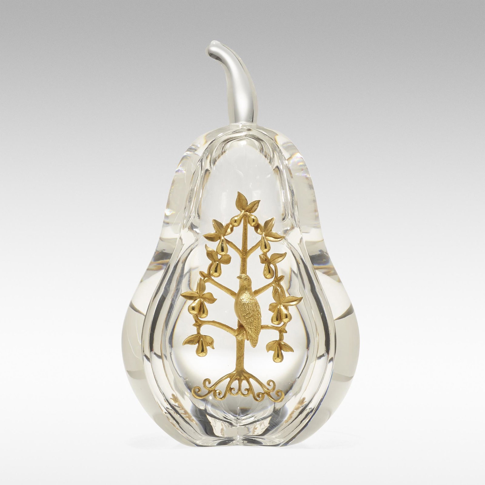 Steuben, Partridge in a Pear Tree: Steuben Partridge in a Pear Tree USA, c. 1970crystal, 18k gold 6.25 h × 3.5 w × 3 d in (16 × 9 × 8 cm) Etched manufacturer's mark to underside 'Steuben'.