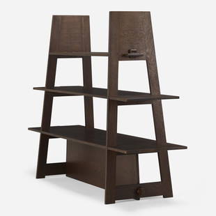 Karpen of California, Shelving unit: Karpen of California Shelving unit USA, c. 1950oak 54 h × 68 w × 19.25 d in (137 × 173 × 49 cm) This work will ship from Rago in Lambertville, New Jersey.<