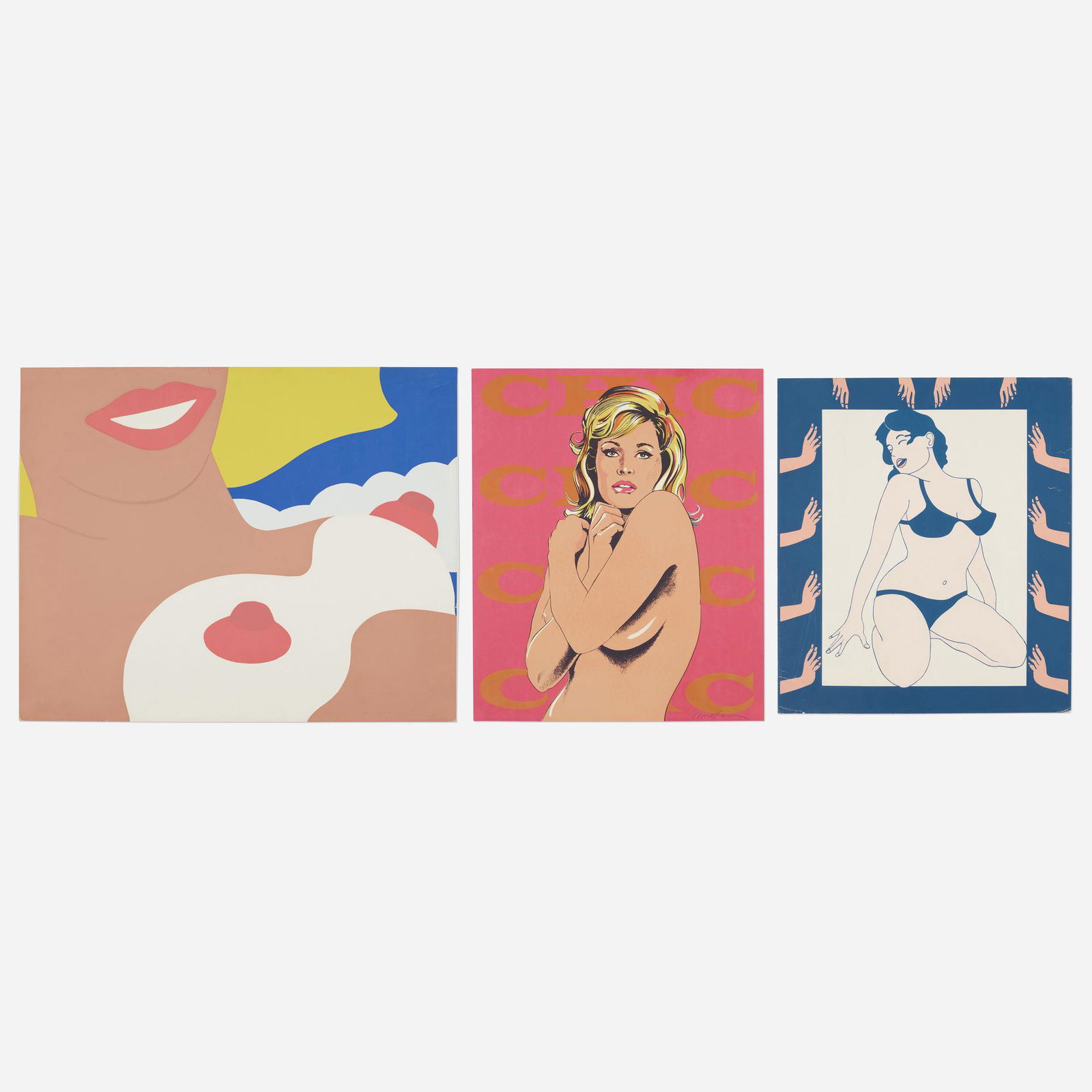 Tom Wesselman, Mel Ramos, John Wesley: Tom Wesselman, Mel Ramos, John Wesley Nude; Chic; Maiden (three works from the 11 Pop Artists, Volume 1 portfolio) 1965/66screenprint in colors on cardstock 24 h × 29.5 w in (61 × 75 cm)<