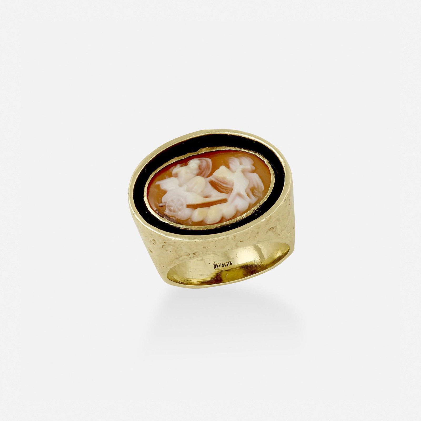 Ed Wiener, Cameo and gold ring: Ed Wiener Cameo and gold ring The oval cameo depicting a chariot rider, with a hammered gold band 14k yellow gold Signed Ed Wiener Ring size 7.25; Gross weight 10.6 dwts