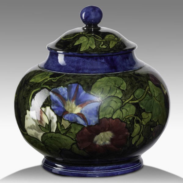 JOHN BENNETT; Covered jar: JOHN BENNETT; Covered jar with morning glories, 1880; Signed J Bennett New York 1880; 7'' x 6 3/4''