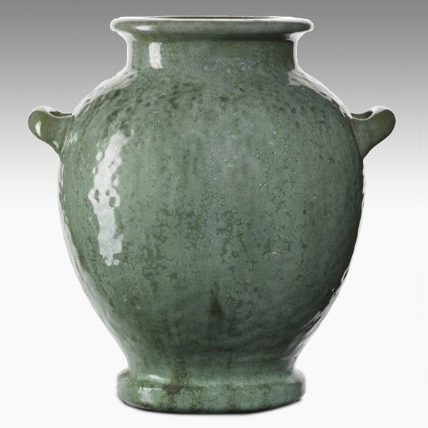 FULPER; Large two-handled vase: FULPER; Two-handled ''hammered'' urn, Leopard Skin Crystalline glaze; Provenance: Estate of lighting designer George Kovacs; Vertical rectangular stamp; 12 1/2'' x 9 1/2''