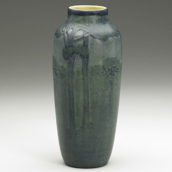 SADIE IRVINE; NEWCOMB COLLEGE; Scenic vase: SADIE IRVINE; NEWCOMB COLLEGE; Transitional scenic vase with tall pines, 1911; Provenance: Litchfield Historical Society; NC/B/JM/SI/FJ64, museum numbers; 8 1/4'' x 3 1/2''