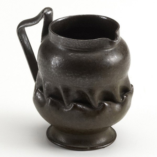 GEORGE OHR; Pitcher: GEORGE OHR; Folded red clay pitcher with mahogany glaze; Stamped G.E. Ohr Biloxi Miss; 3 1/2'' x 3 1/2''