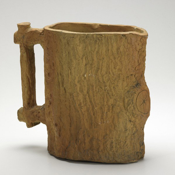 GEORGE OHR; Rare and early pitcher: GEORGE OHR; Rare and early bisque fired molded pitcher, tree trunk pattern; Stamped several times; 9 1/2'' x 11 1/2''