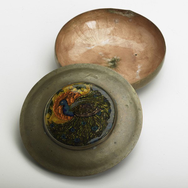 BOSTON SCHOOL; Enameled copper box: BOSTON SCHOOL; Enameled copper box, peacock decoration; Unmarked; 1 1/2'' x 6''