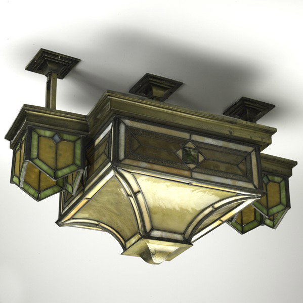 PRAIRIE SCHOOL; Ceiling fixture: PRAIRIE SCHOOL; Ceiling fixture; Bronze, leaded slag glass; Unmarked; 17 1/2'' x 27 1/2'' x 16 1/2''